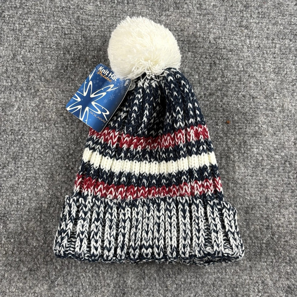 Solaray Knit Hat Deluxe Adult Pom Pom Beanie‎ Red White Blue Winter NWT Ski Snow